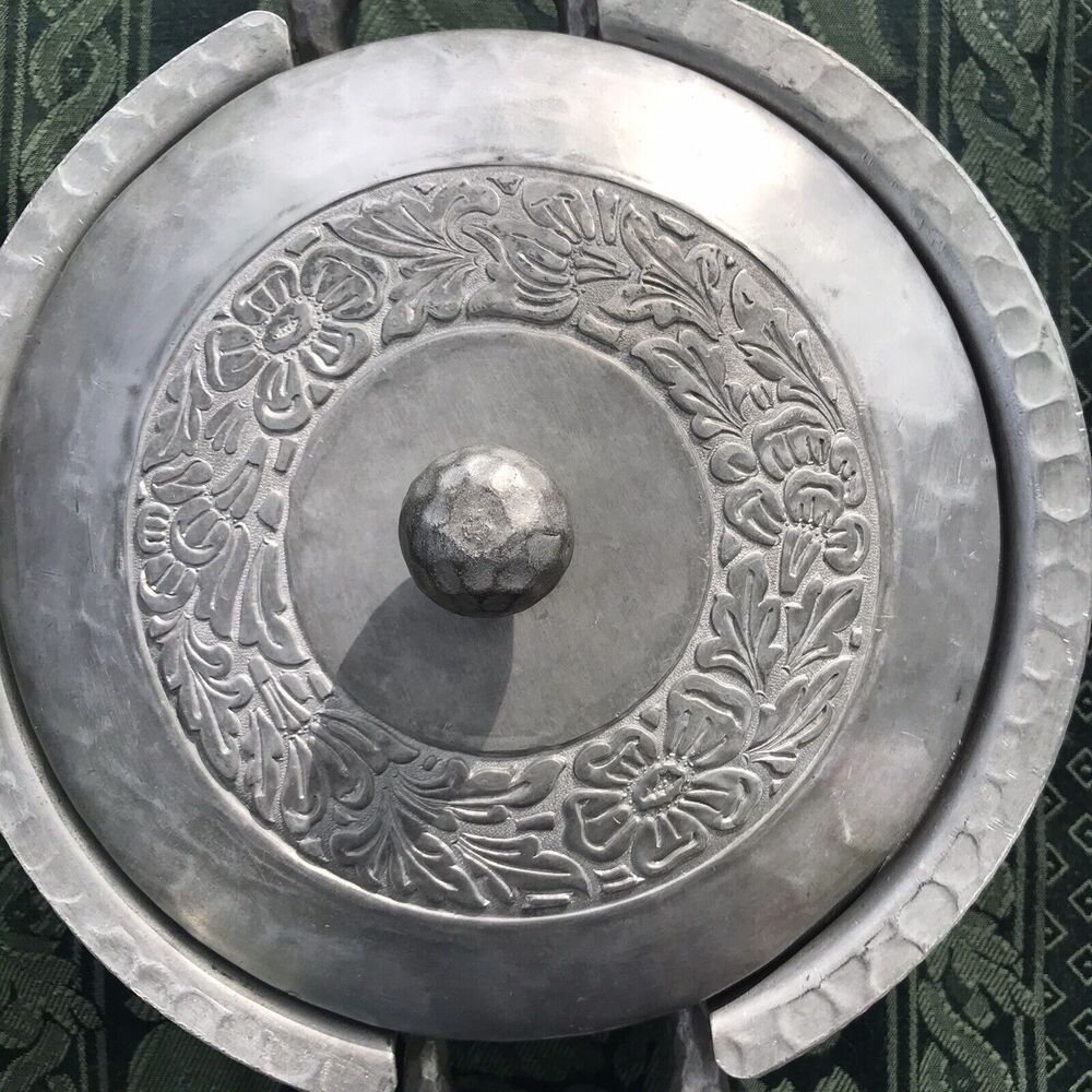 Vintage Everlast Hand Forged‎ Metal Floral Serving Dish With Deco Handles Lid